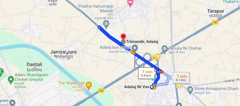 Adalaj vav to Trimandir maps distance, route and time it will take