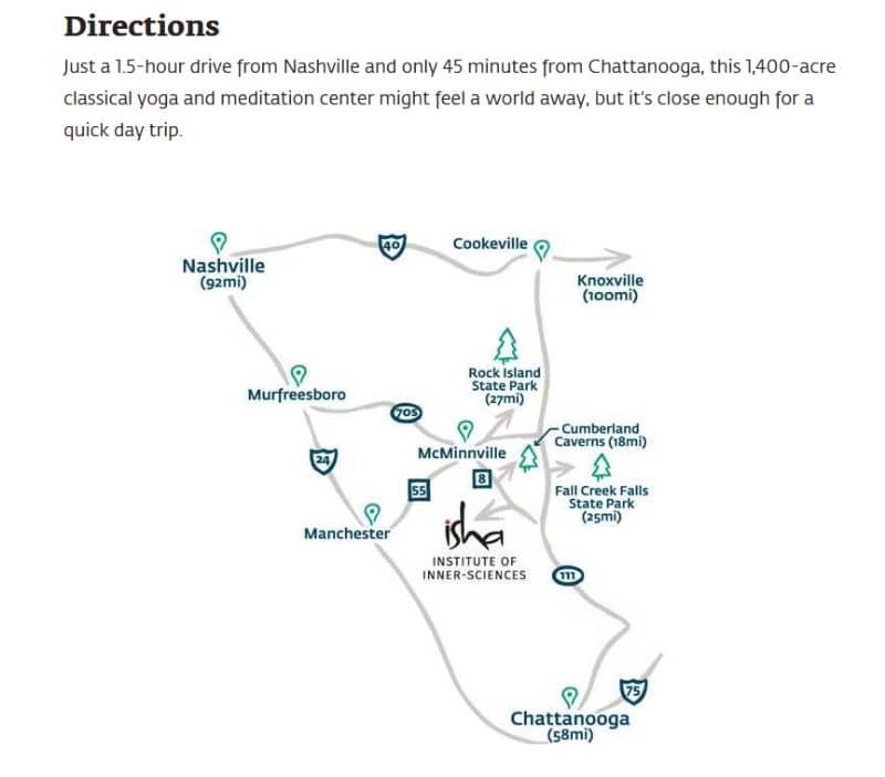 Directional map to get to the Adiyogi at Isha Institute, Nashville Tennessee, USA