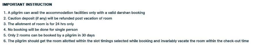 set of rules for tirumala stay from TTD AP Gov website on 22 March 2024